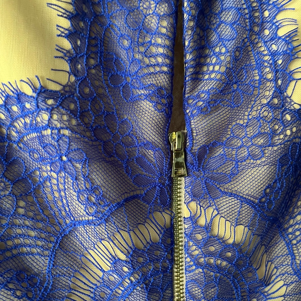 Three Floor electric blue/periwinkle Dress w/Lace, black leather, & sheer detail - Picture 9 of 16